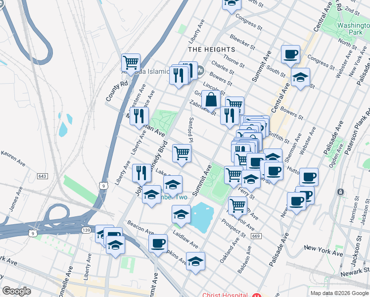 map of restaurants, bars, coffee shops, grocery stores, and more near 171 Manhattan Avenue in Jersey City