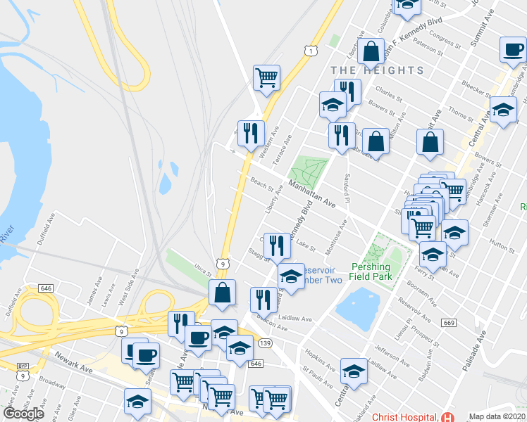 map of restaurants, bars, coffee shops, grocery stores, and more near 227 Liberty Avenue in Jersey City