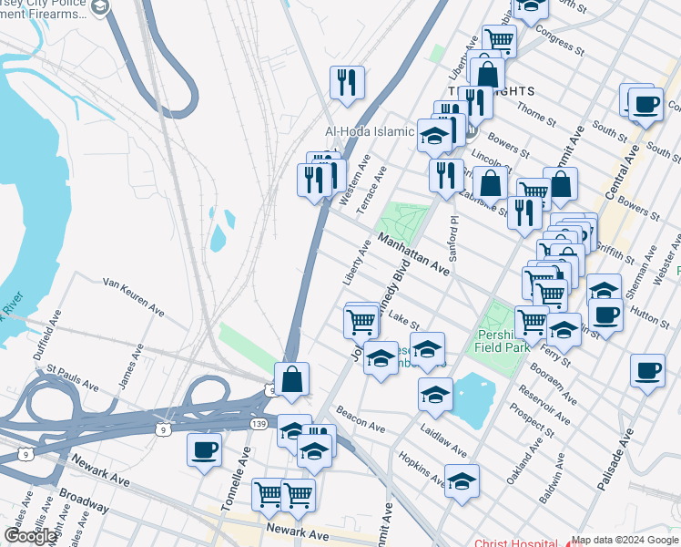 map of restaurants, bars, coffee shops, grocery stores, and more near 227 Liberty Avenue in Jersey City