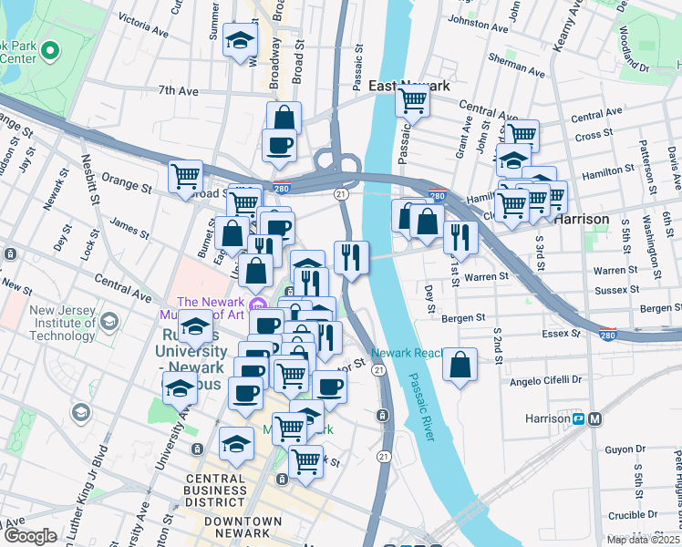 map of restaurants, bars, coffee shops, grocery stores, and more near 1073 McCarter Highway in Newark