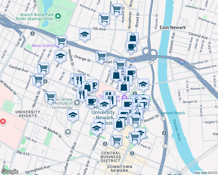 map of restaurants, bars, coffee shops, grocery stores, and more near 58 James Street in Newark