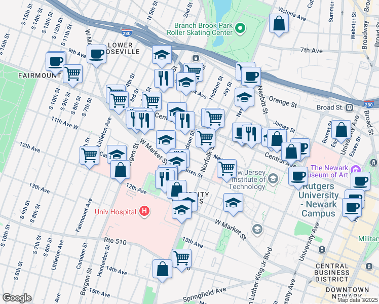 map of restaurants, bars, coffee shops, grocery stores, and more near 144 Hudson Street in Newark