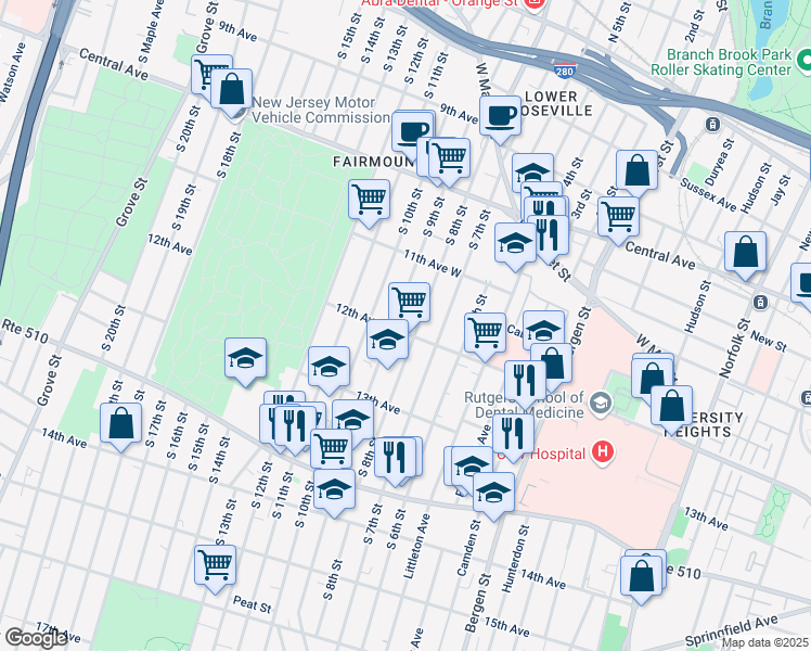 map of restaurants, bars, coffee shops, grocery stores, and more near 210 South 9th Street in Newark