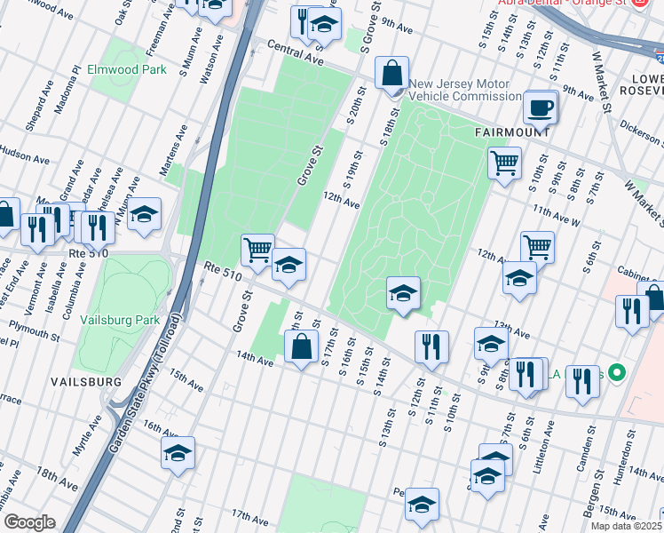 map of restaurants, bars, coffee shops, grocery stores, and more near 355 South 18th Street in Newark