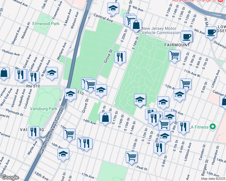 map of restaurants, bars, coffee shops, grocery stores, and more near 365 South 19th Street in Newark