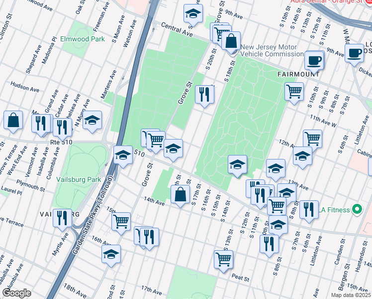 map of restaurants, bars, coffee shops, grocery stores, and more near 365 South 19th Street in Newark