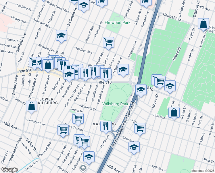 map of restaurants, bars, coffee shops, grocery stores, and more near 17 South Munn Avenue in Newark
