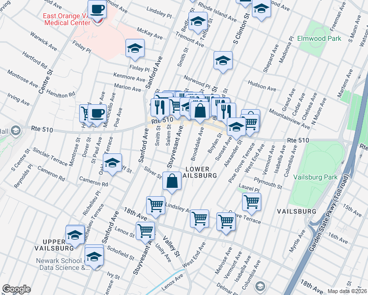 map of restaurants, bars, coffee shops, grocery stores, and more near 57 Norwood Street in Newark