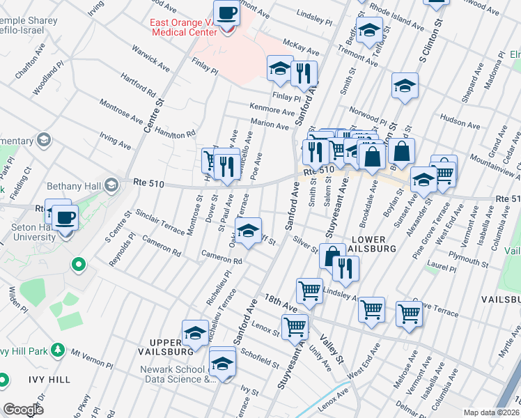 map of restaurants, bars, coffee shops, grocery stores, and more near 35 Hazelwood Avenue in Newark