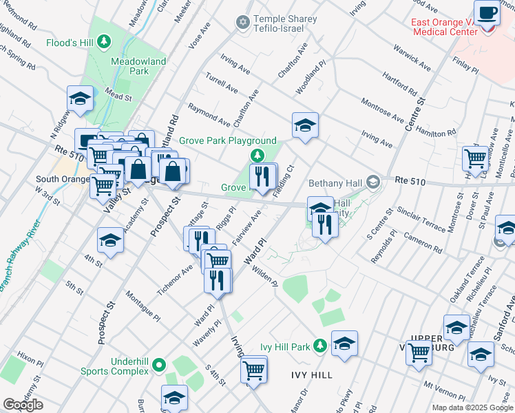 map of restaurants, bars, coffee shops, grocery stores, and more near 10 Fairview Avenue in South Orange