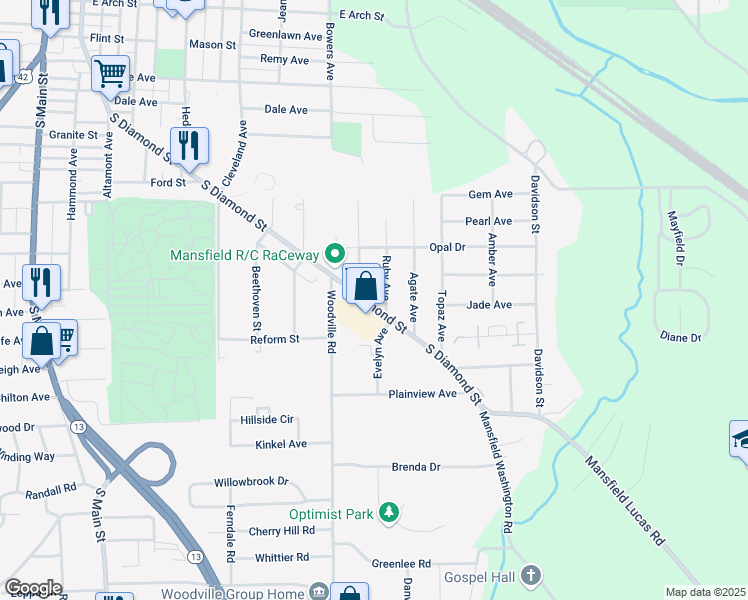 map of restaurants, bars, coffee shops, grocery stores, and more near 693 South Diamond Street in Mansfield