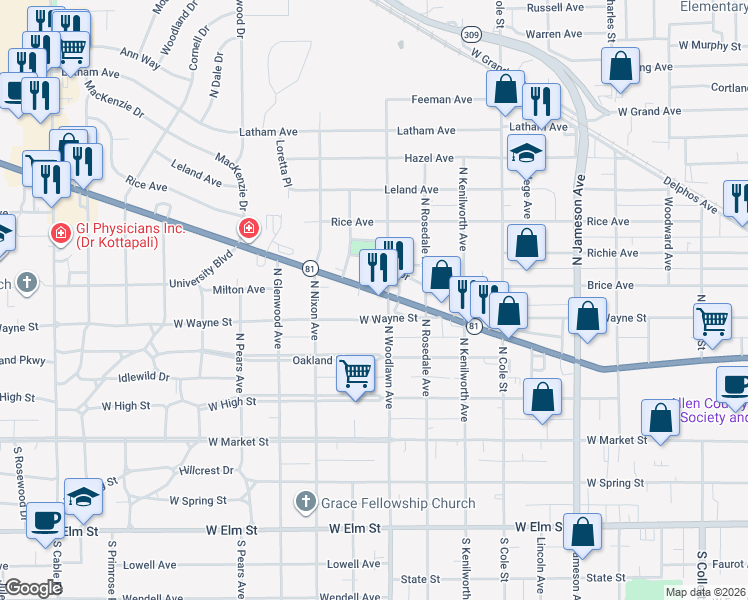 map of restaurants, bars, coffee shops, grocery stores, and more near 1517 Allentown Road in Lima