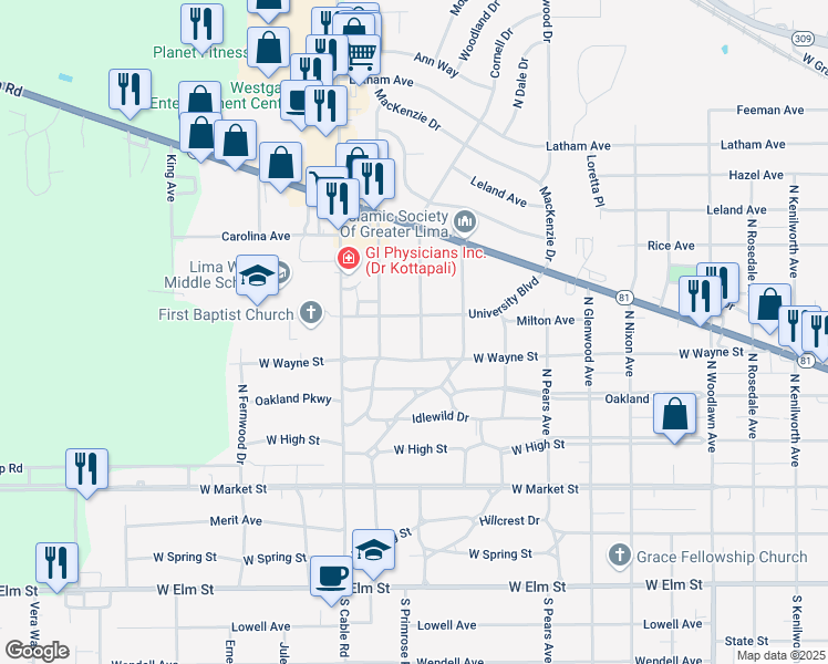map of restaurants, bars, coffee shops, grocery stores, and more near 425 Cornell Drive in Lima