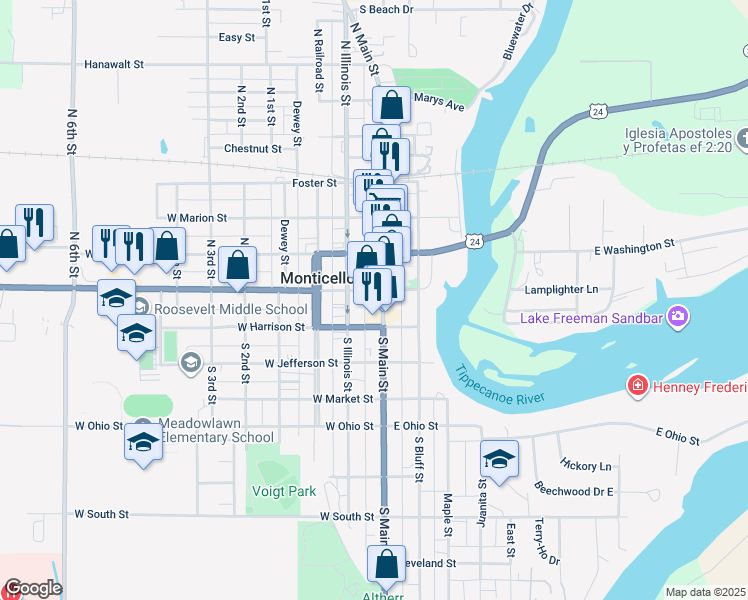 map of restaurants, bars, coffee shops, grocery stores, and more near 138 South Main Street in Monticello