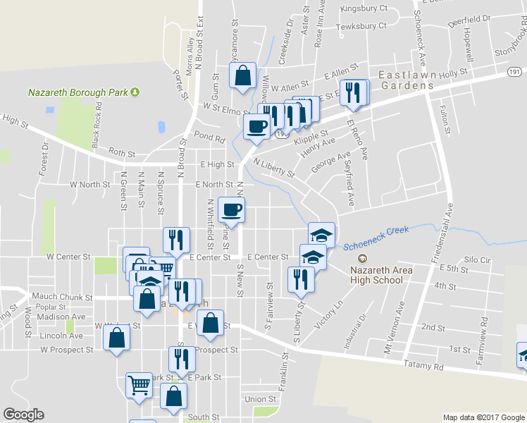 map of restaurants, bars, coffee shops, grocery stores, and more near 133 North Fairview Street in Nazareth