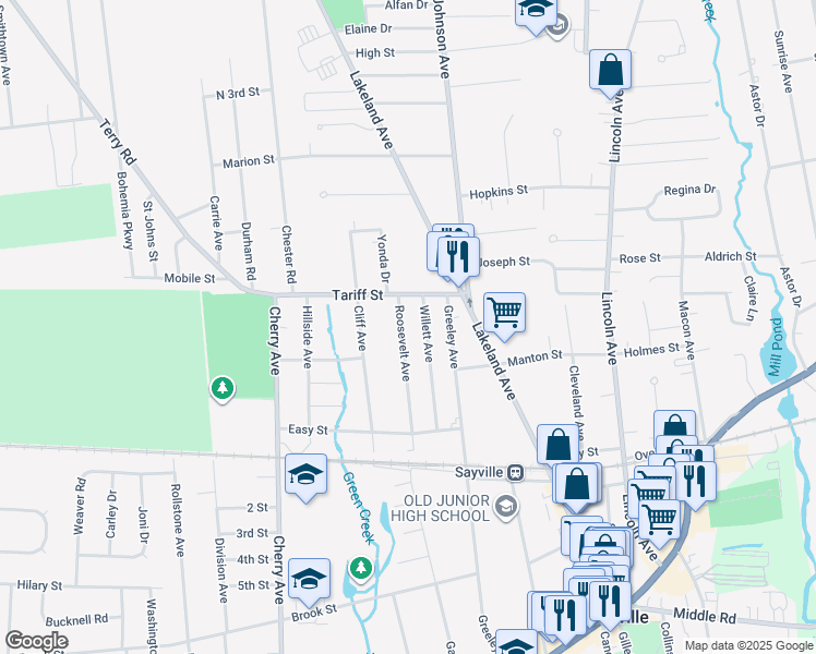 map of restaurants, bars, coffee shops, grocery stores, and more near 93 Roosevelt Avenue in Sayville