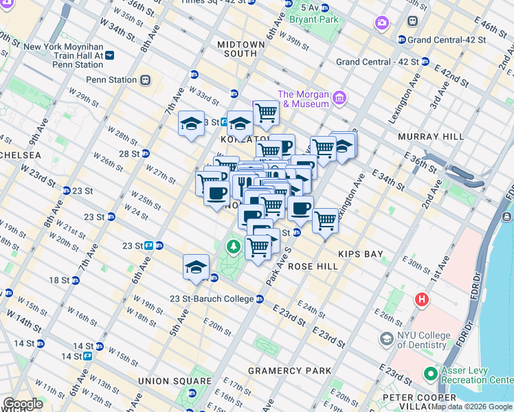 map of restaurants, bars, coffee shops, grocery stores, and more near 3 East 28th Street in New York