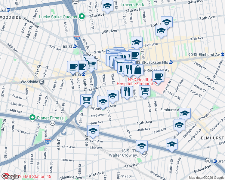 map of restaurants, bars, coffee shops, grocery stores, and more near 41-14 73rd Street in Queens