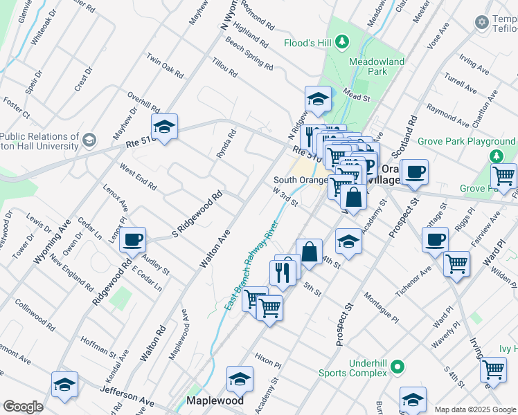 map of restaurants, bars, coffee shops, grocery stores, and more near 181 Church St in South Orange