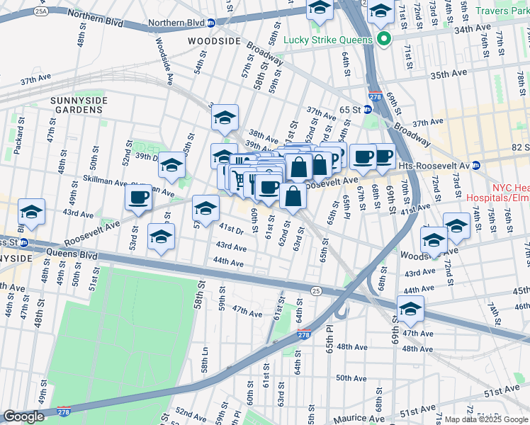 map of restaurants, bars, coffee shops, grocery stores, and more near 61-04 Woodside Avenue in Queens