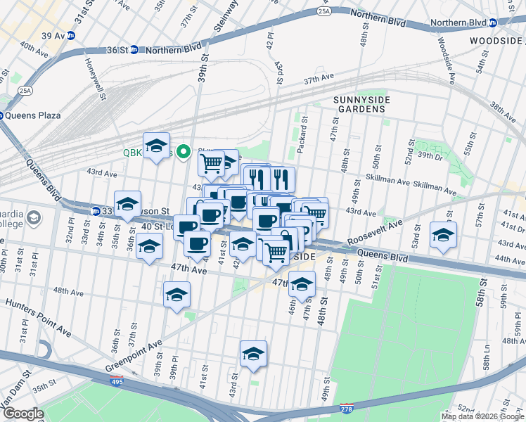 map of restaurants, bars, coffee shops, grocery stores, and more near 43-24 43rd Street in Queens