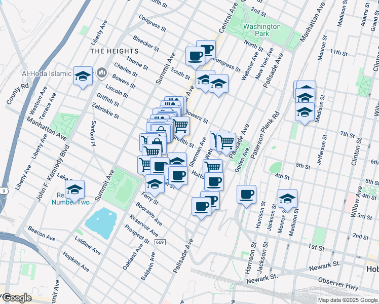 map of restaurants, bars, coffee shops, grocery stores, and more near 62 Hancock Avenue in Jersey City
