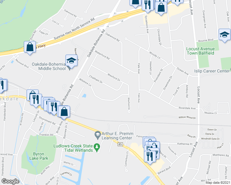 map of restaurants, bars, coffee shops, grocery stores, and more near 116 Chatham Dr in Oakdale