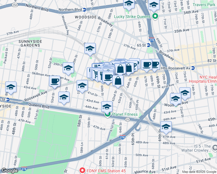 map of restaurants, bars, coffee shops, grocery stores, and more near 61-04 Woodside Avenue in Queens