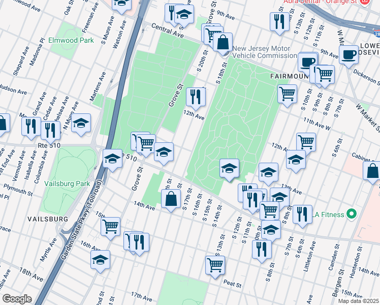 map of restaurants, bars, coffee shops, grocery stores, and more near 355 South 18th Street in Newark