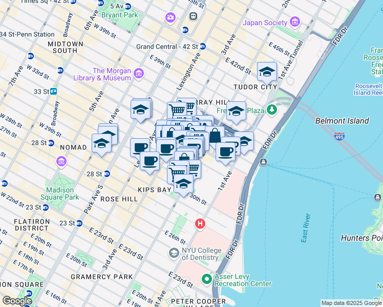map of restaurants, bars, coffee shops, grocery stores, and more near 239 East 33rd Street in New York