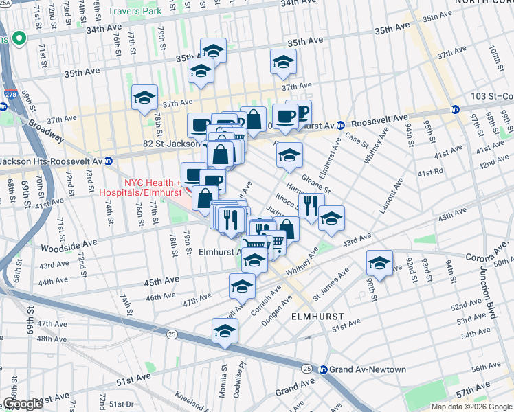 map of restaurants, bars, coffee shops, grocery stores, and more near 42-1 Judge Street in Queens