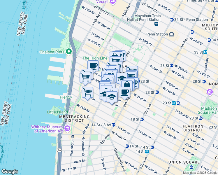 map of restaurants, bars, coffee shops, grocery stores, and more near 162 9th Avenue in New York