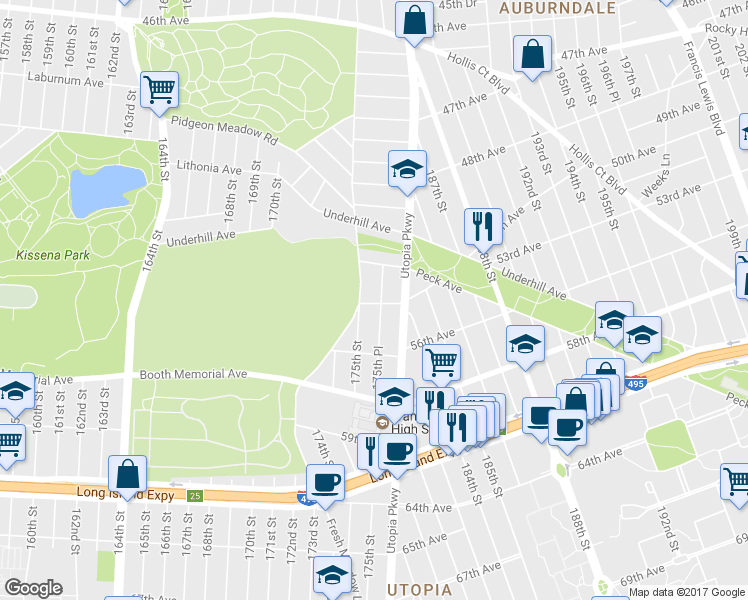 map of restaurants, bars, coffee shops, grocery stores, and more near 49-80 175th Place in Queens