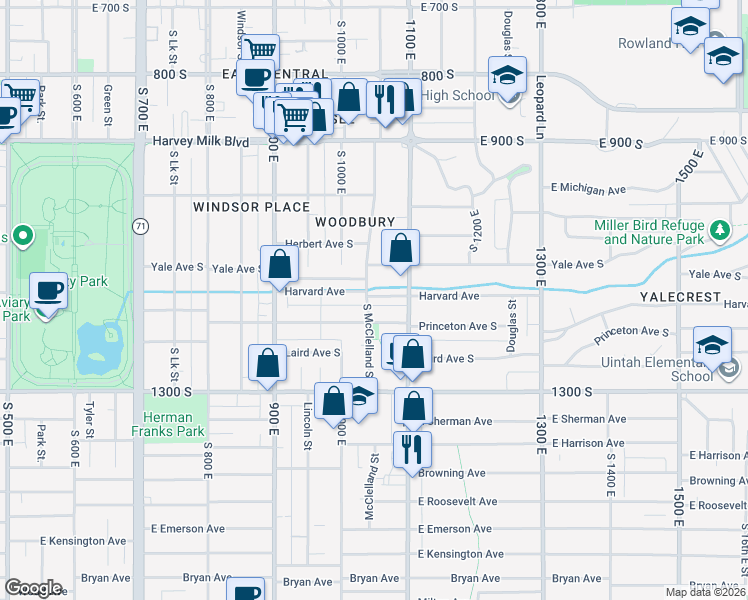 map of restaurants, bars, coffee shops, grocery stores, and more near 1113 South McClelland Street in Salt Lake City