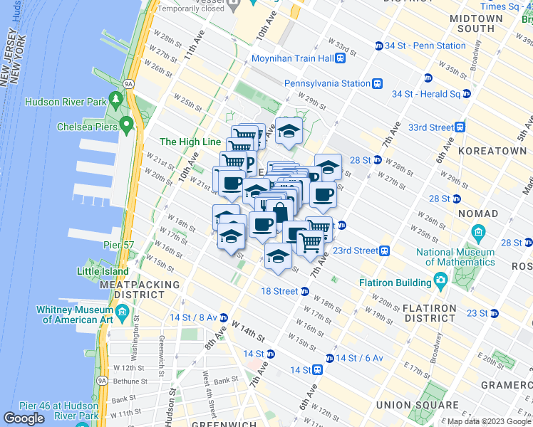 map of restaurants, bars, coffee shops, grocery stores, and more near 315 West 21st Street in New York