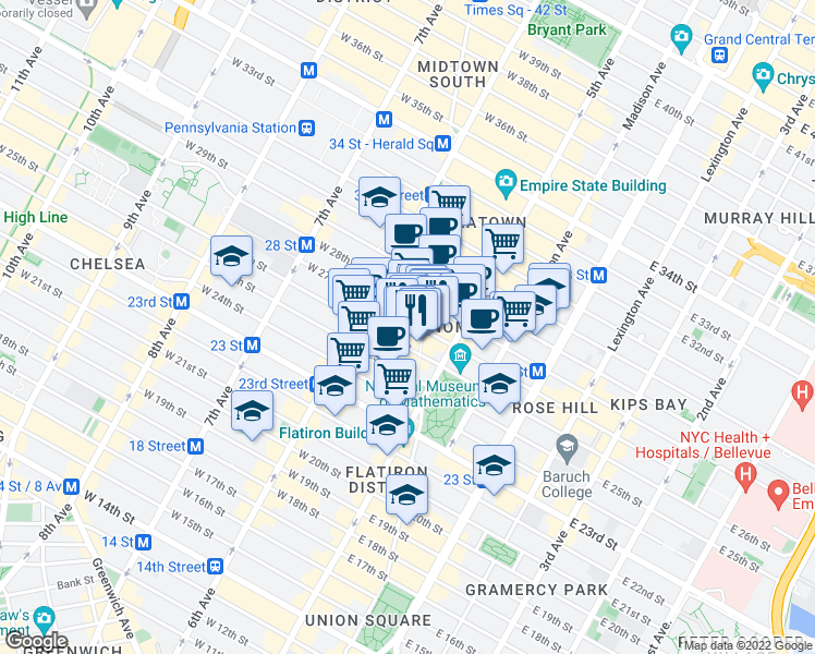 map of restaurants, bars, coffee shops, grocery stores, and more near 20 West 27th Street in New York