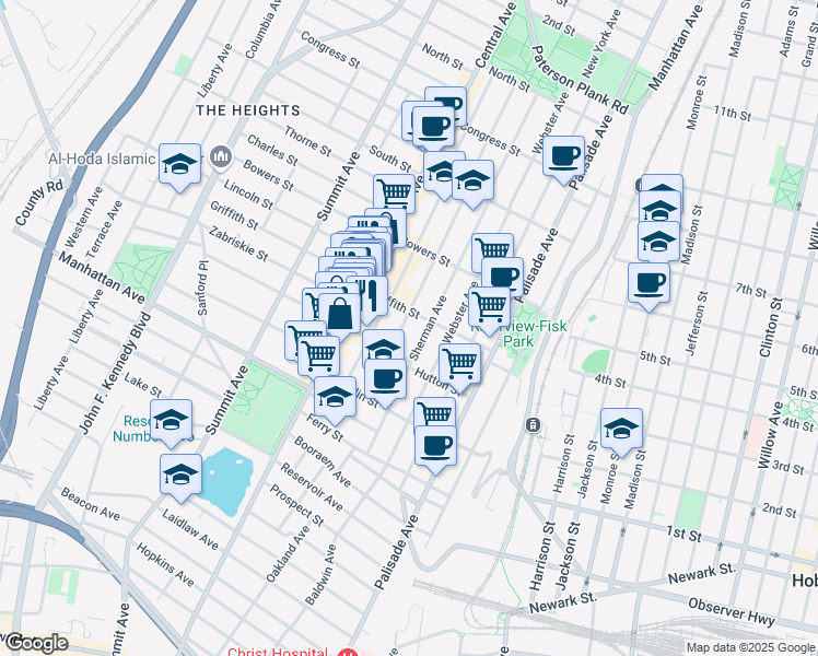 map of restaurants, bars, coffee shops, grocery stores, and more near 62 Hancock Avenue in Jersey City