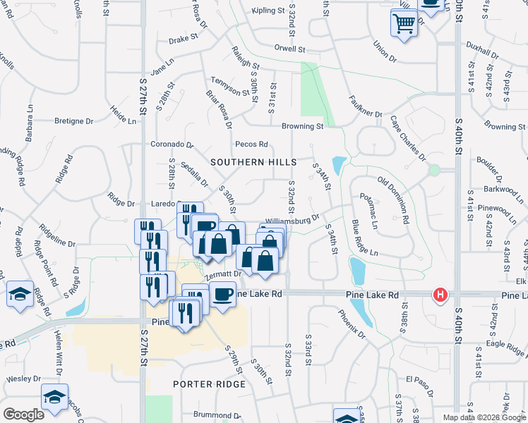 map of restaurants, bars, coffee shops, grocery stores, and more near 6531 Courtney Circle in Lincoln