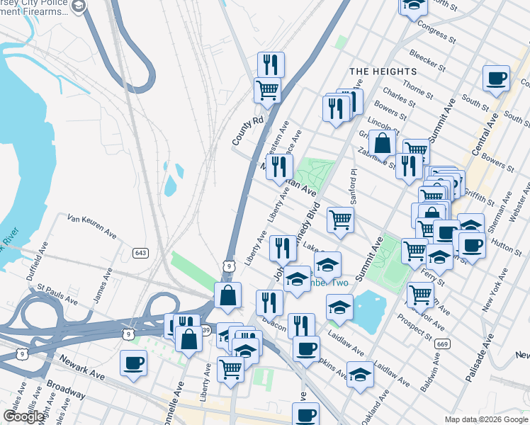 map of restaurants, bars, coffee shops, grocery stores, and more near 227 Liberty Avenue in Jersey City