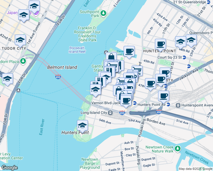 map of restaurants, bars, coffee shops, grocery stores, and more near 47 Center Boulevard in Queens