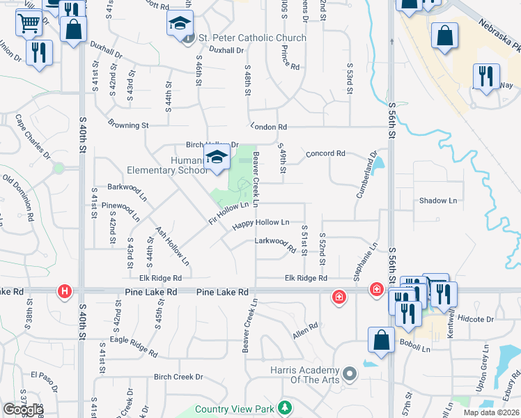 map of restaurants, bars, coffee shops, grocery stores, and more near 6710 Beaver Creek Lane in Lincoln