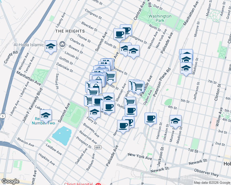 map of restaurants, bars, coffee shops, grocery stores, and more near 62 Hancock Avenue in Jersey City