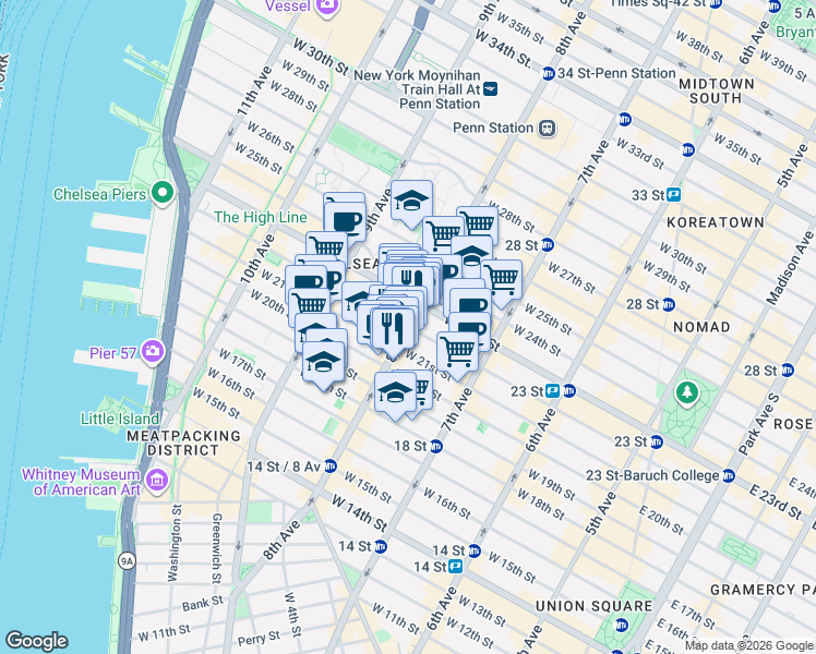 map of restaurants, bars, coffee shops, grocery stores, and more near West 22nd Street in New York
