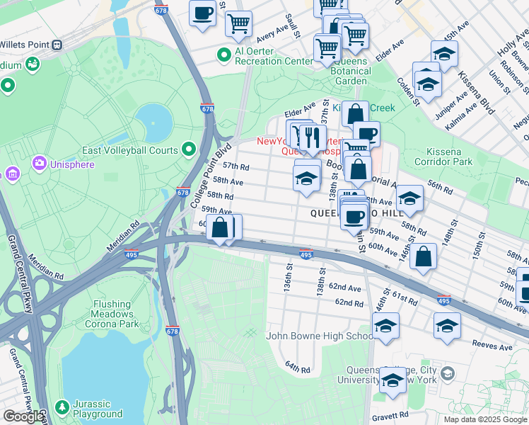 map of restaurants, bars, coffee shops, grocery stores, and more near 132-55 59th Avenue in Queens