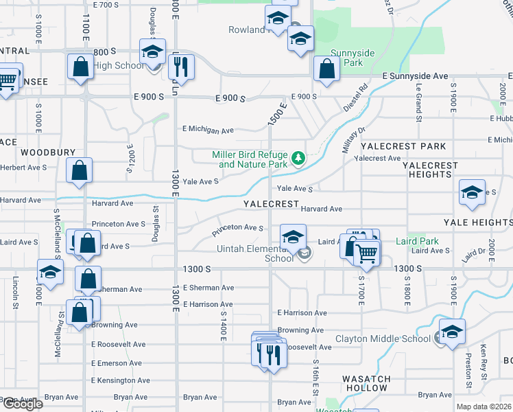 map of restaurants, bars, coffee shops, grocery stores, and more near 1477 Harvard Avenue in Salt Lake City