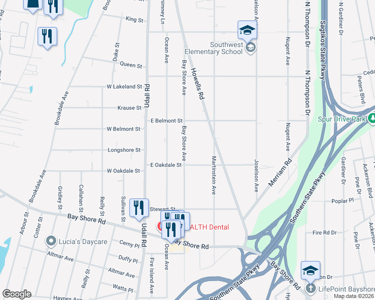 map of restaurants, bars, coffee shops, grocery stores, and more near 1095 Bay Shore Avenue in Bay Shore