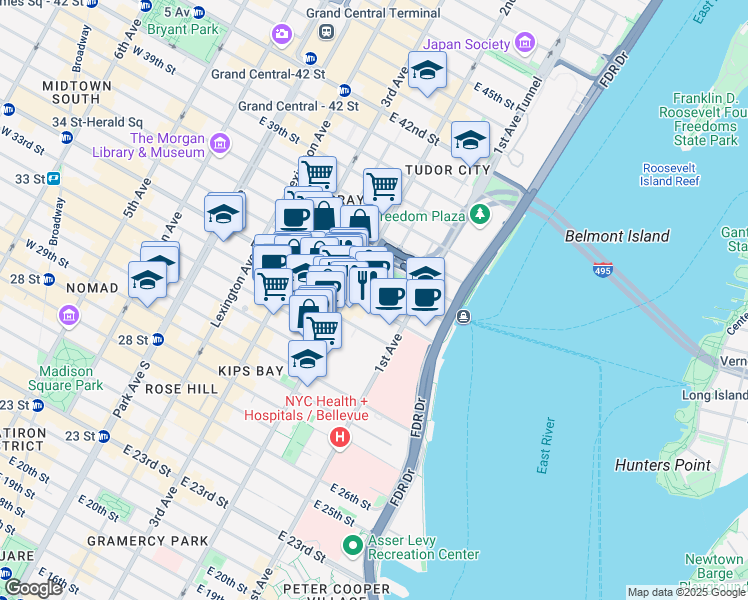 map of restaurants, bars, coffee shops, grocery stores, and more near 317 East 34th Street in New York