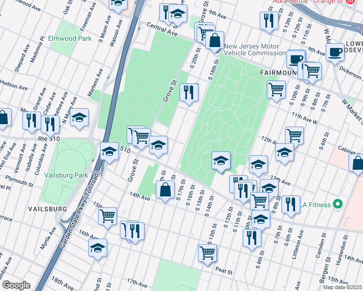 map of restaurants, bars, coffee shops, grocery stores, and more near 355 South 18th Street in Newark