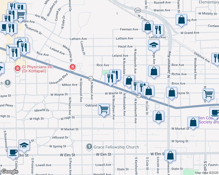 map of restaurants, bars, coffee shops, grocery stores, and more near 1517 Allentown Road in Lima