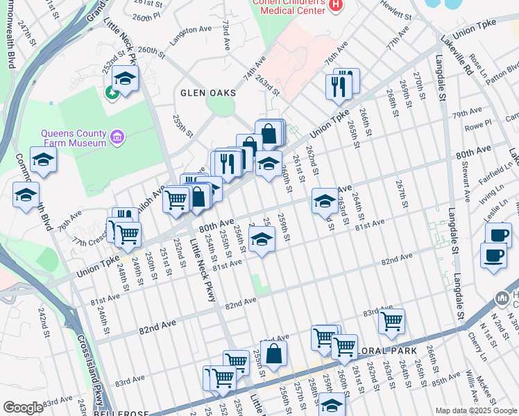 map of restaurants, bars, coffee shops, grocery stores, and more near 257-19 80th Avenue in Queens